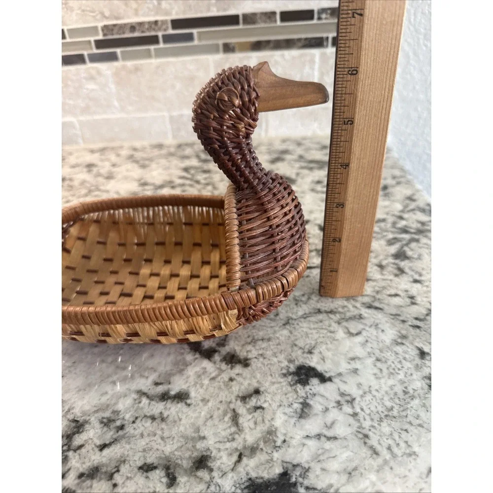 Vintage Wicker Duck Basket Woven Rattan Wood Beak Farmhouse Country Animal Boho